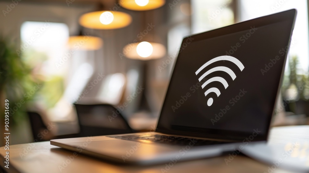 Aufkleber a laptop on a desk showing a wireless network connection icon in the corner of the screen.