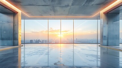 A spacious, empty modern room with large floor-to-ceiling windows showcases a panoramic city view at sunset, ideal for promoting real estate, architectural designs, or office space advertisements,