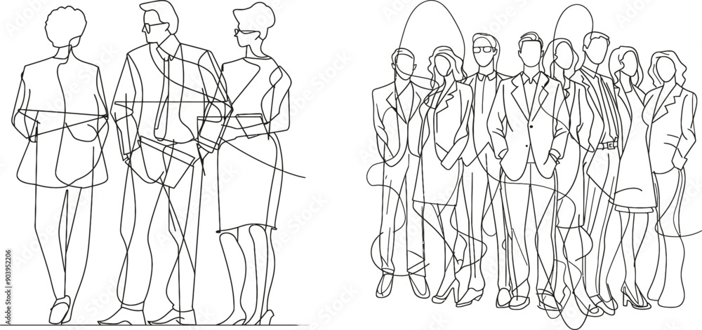 Poster continually drawing a team of business professionals standing together. constantly drawing a group o