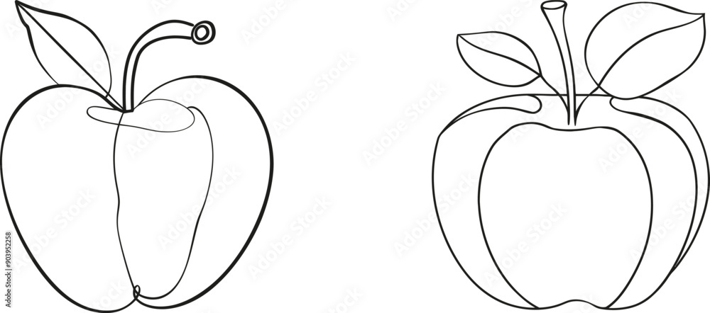 Poster Continuity of a single line drawing of apples with leaves in black and white