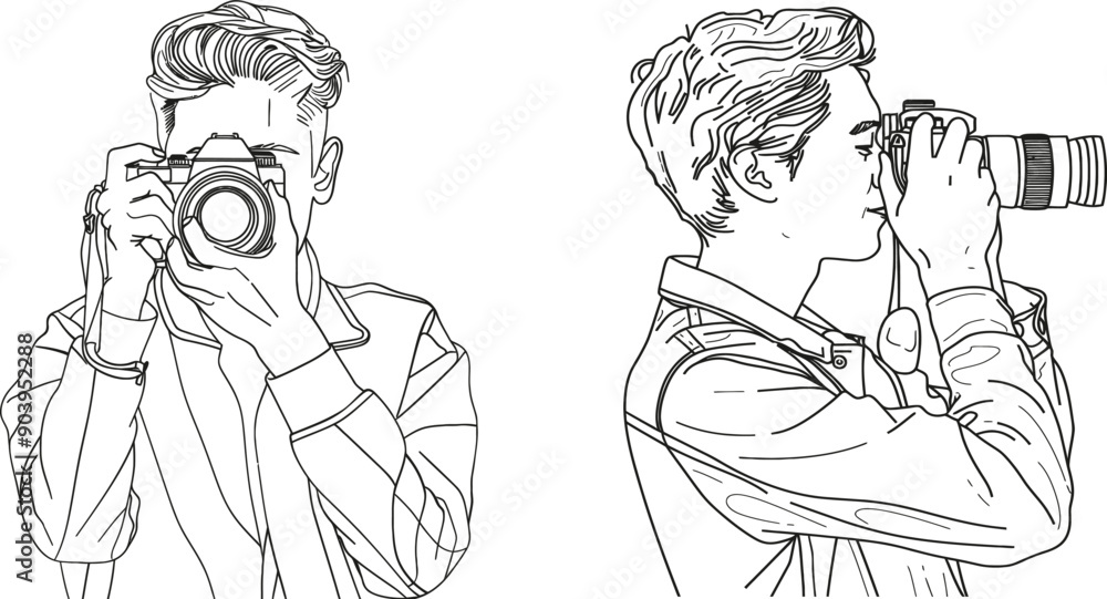 Aufkleber Professional photographer taking a picture using a camera. Illustration of one line art concept of photography.