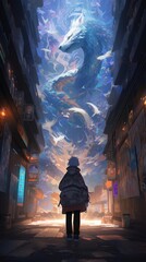 A boy stands in an alleyway, looking up at a giant wolf that is flying above the city