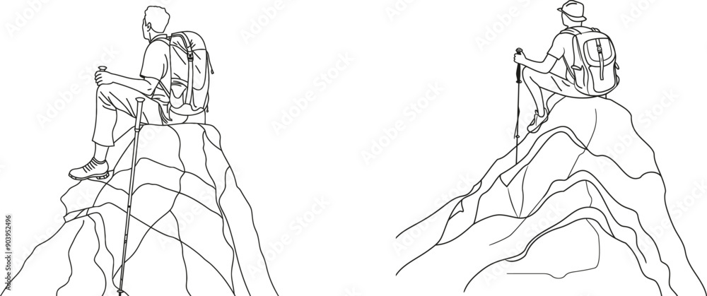 Aufkleber This continuous line art sketch shows a man with backpack and trekking poles sitting on the top of a mountain peak. It shows him hiking and climbing the mountain.