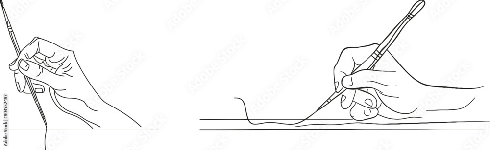 Poster the continuous line drawing of a hand holding a painting brush is a concept of creative artist work 
