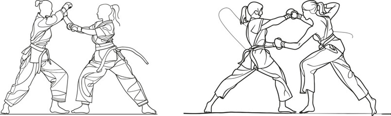 Fototapeta premium This modern illustration features two confident young karateka girls practicing karate combat in kimonos at a dojo. Martial art sport training concept. Trendy one-line design modern illustration.