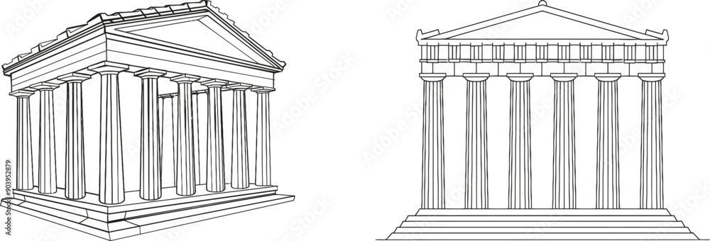 Poster one line drawing of classic museum construction with pillar at the front. art gallery structure isol