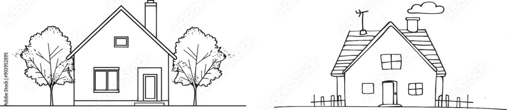 Poster continually drawn one line image of a green home with garden trees at the village. hand drawn minima