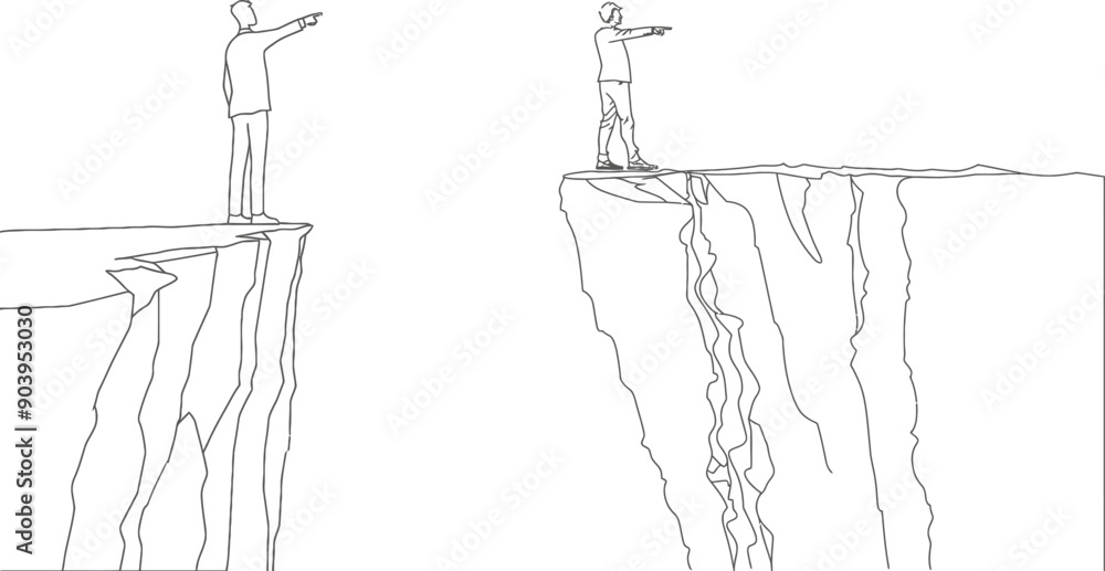 Aufkleber a single line drawing of a young smart businessman standing at a cliff edge pointing his finger to t