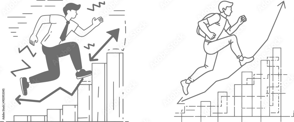 Aufkleber This is a single continuous line drawing of a young worker running fast on a growing arrow sign. It has a minimal concept and an outline graphic design that is dynamic and modern.