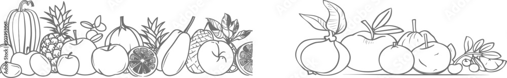 Aufkleber Seamless patterns with fruits and vegetables with empty space for text. Modern background. One line art style. Frame with organic food. Used as a banner, flyer, texture, etc.