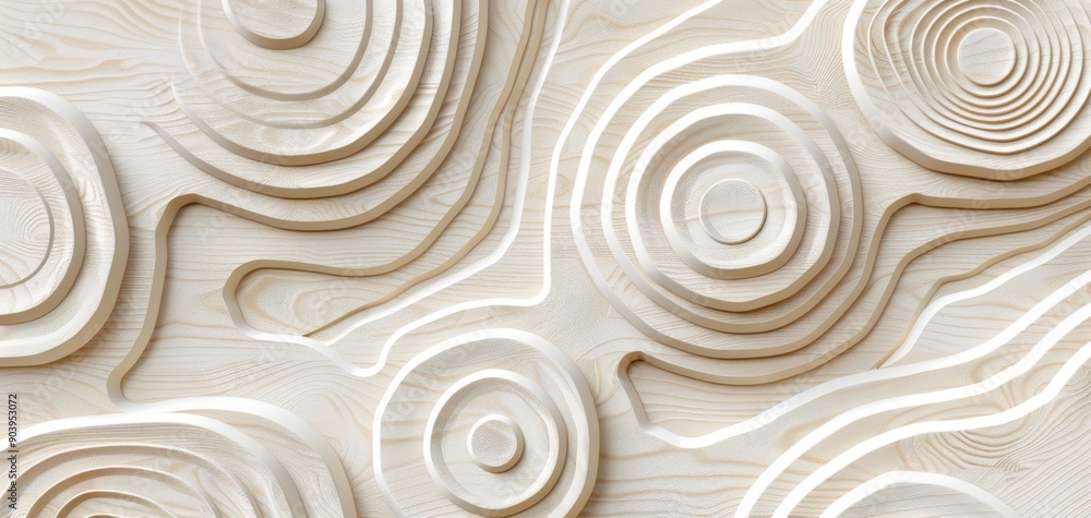Aufkleber Abstract 3D background featuring soft beige and white concentric circles. Modern design ideal for textures and digital projects.