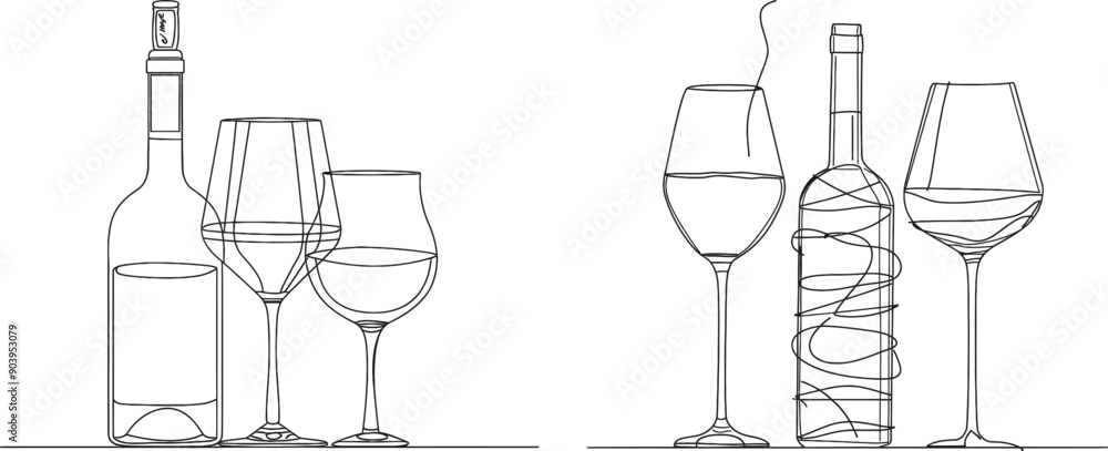 Aufkleber wine line art collection with a bottle, glass, and corkscrew in continuous single-drawn lines. hand-