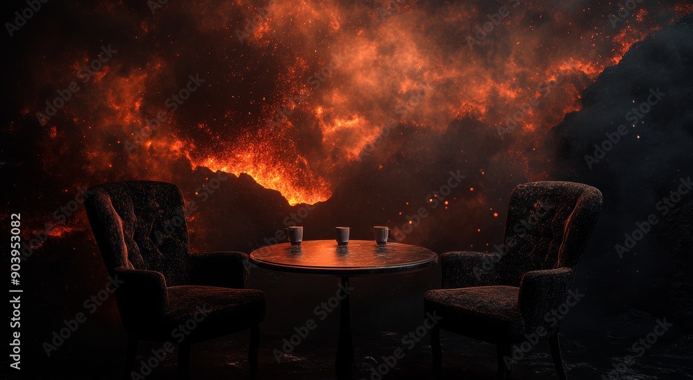 Aufkleber an advertising or design background with a table and chairs against a red and black background with 