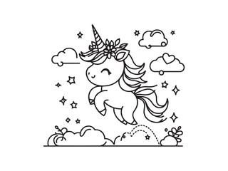 Hand drawn unicorn line art for kids coloring book illustration