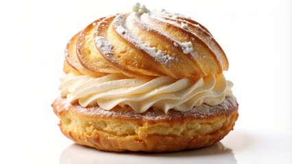Freshly baked cream puff sitting on a clean white background, golden brown pastry shell glistening with sugar, oozing with fluffy whipped cream filling.