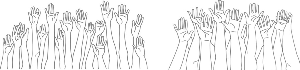 'Hands up'. Line art on white isolated background. Modern illustration.