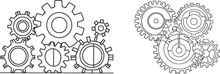Gear wheel illustration. Three cog wheels in lineart style. Editable stroke. Symbol of teamwork, development, logo, emblem. Creative concept of business teamwork. Vector.