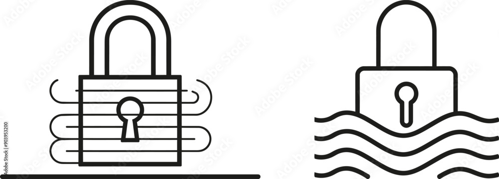 Fototapete A portable lock with a keyhole in continuous line art style. Black linear sketch on white background. Modern illustration.