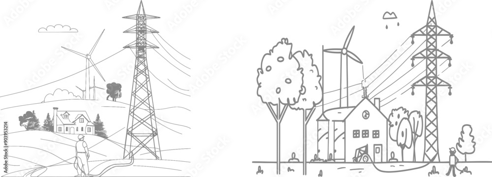 Poster An abstract private home consumer and wind turbines in continuous line art drawing style. This black and white design is isolated on a white background.