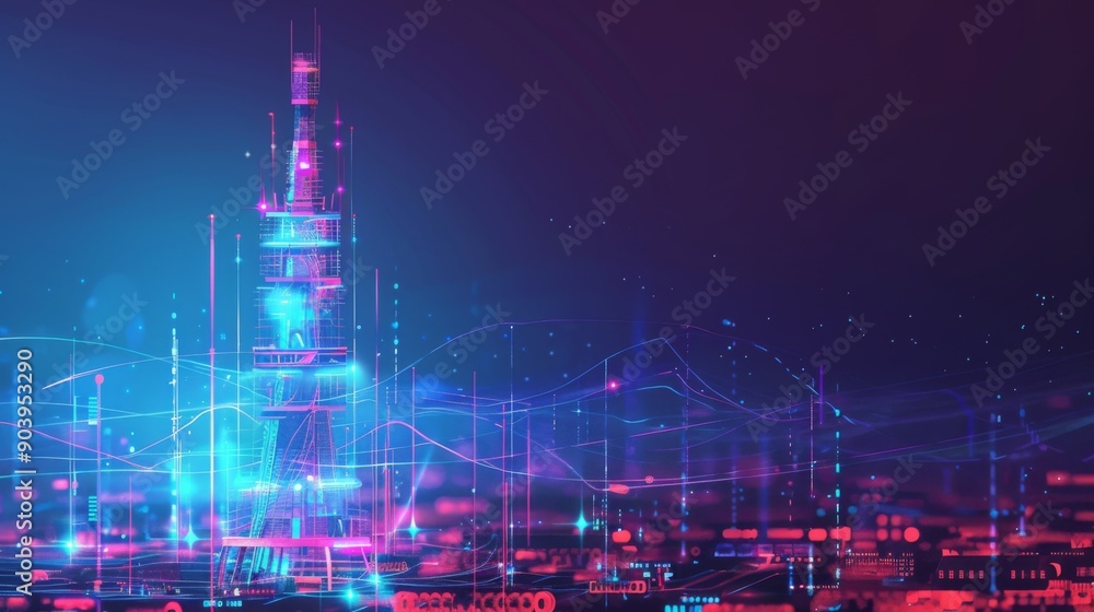Poster a network tower with signal waves emanating, symbolizing wireless communication infrastructure.