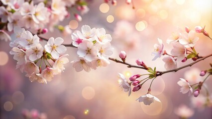 Fototapeta premium Softly lit serene background with delicate cherry blossoms and subtle natural textures, evoking a sense of calm and gentle elegance, perfect for beauty and wellness themes.