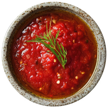 round saucer with Georgian tkemali sauce, top view, sauce for meat, fish and fast food, no or white isolated background, realistic photo for cafe or restaurant menu