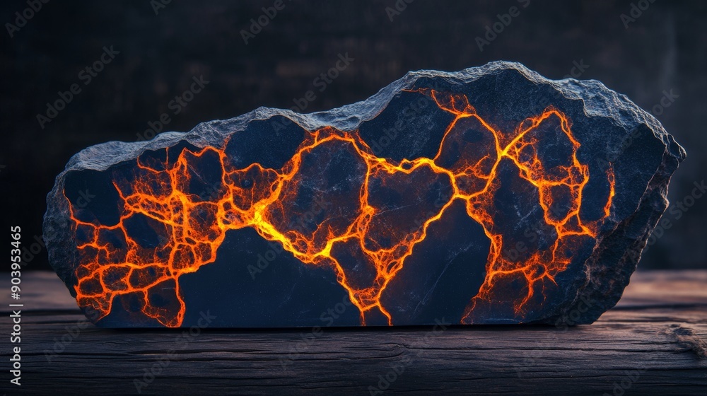 Poster in front of a brick wall is a stone block on top of a wooden table. the image is used to display pro
