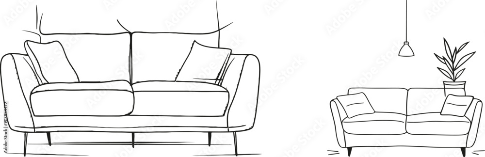 Poster doodle modern illustration of a single line sofa. modern furniture in simple linear style.