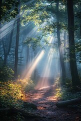 A mystical forest scene where the fog creates an almost dreamlike quality, with beams of sunlight filtering through the mist