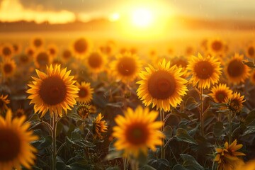 Obraz premium A sunflower field at sunset, with rows of tall sunflowers facing the setting sun, AI Generative