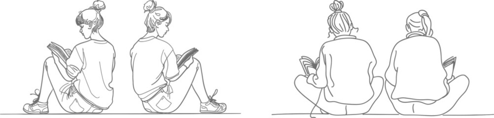 Obraz premium A dynamic one line drawing graphic design illustration featuring a couple of students reading together, learning, and sitting at a park. For literature lovers or educators. One continuous line