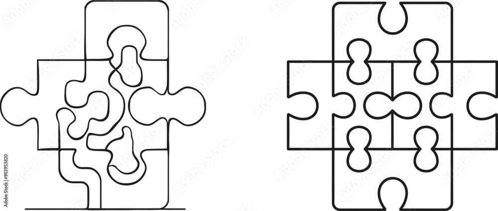 Aufkleber Illustration with continuous line work of a puzzle, pieces of a problem-solving business, an object with one line, single line art, and modern art