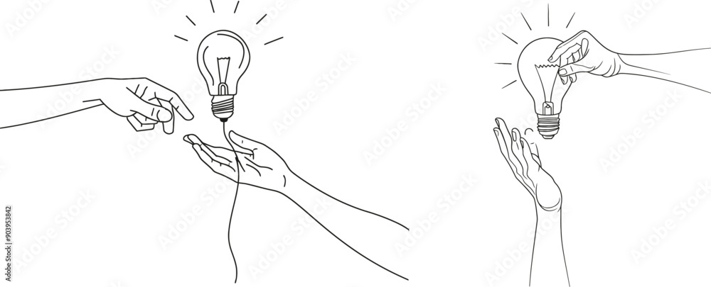 Fototapete one line image of a light bulb and two palm hands representing ideas. symbol for creative problem so