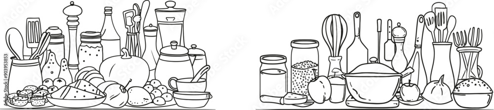 Poster There are two seamless patterns with food and utensils. Modern background. One line art style. Frame with organic food. Can also be used as a banner, flyer, or texture.