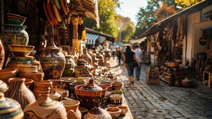 Fototapeta premium Open-air market with traders selling handmade pottery, artistic atmosphere
