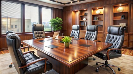 Empty formal meeting room table with three leather chairs, notepad, and pens, conveying a sense of professionalism and important business discussions.