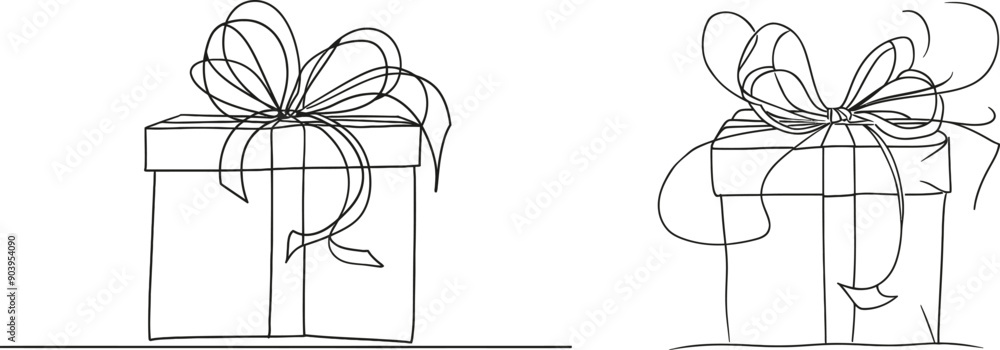 Poster modern continuous line drawings of an open white gift box with ribbon and bow. greeting present pack