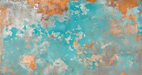 Fototapeta premium Aquamarine wall with copper paint unevenly applied on the surface. Illustration.