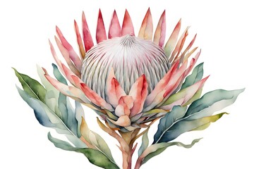 Watercolor king protea flower white background, Ai Generated