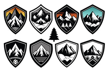 Mountainous silhouette emblems with vintage textures for outdoor adventure gear, travel, camping, hiking, and climbing clubs, and nature-themed designs.