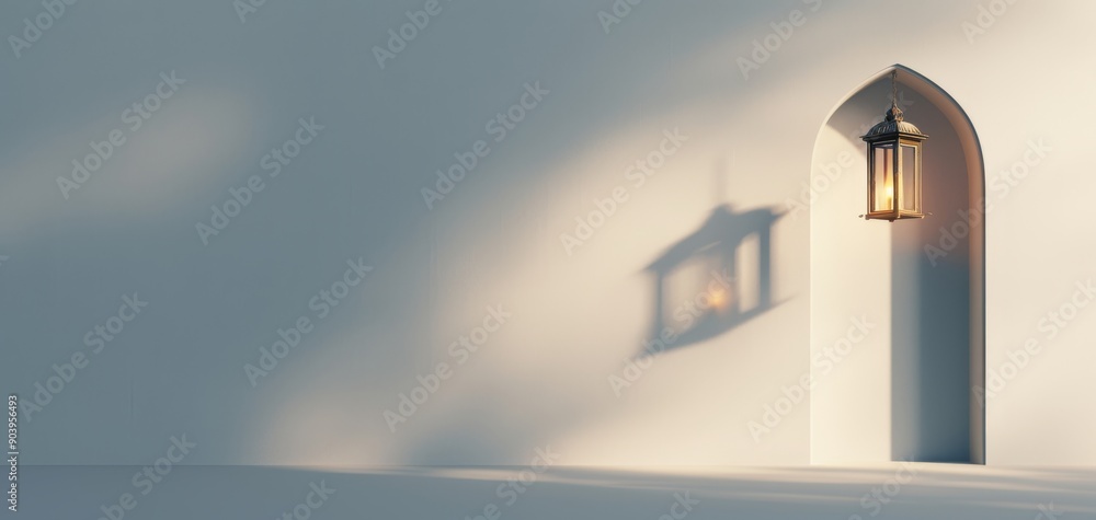 Poster minimalist white wall with an arched niche holding a lantern casting a shadow, creating a serene and