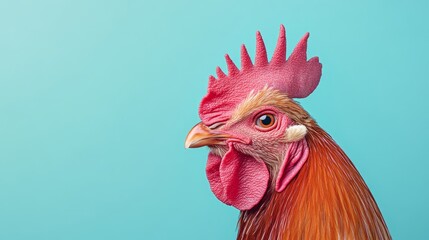 A close-up image of a rooster with a red comb against a rustic wooden background, with space for copy.