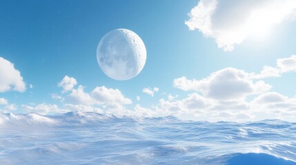 Obraz premium An ocean full of frozen waves and a large disk of the Moon in the sky. A cosmic scene