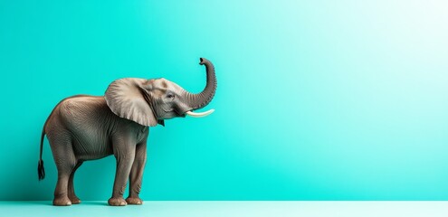 The image shows an elephant standing against a turquoise wall. Copy space can be seen on the background.