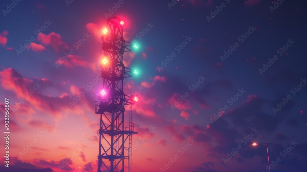 Aufkleber a tall signal tower with lights changing colors in a sequence, set against the evening sky.