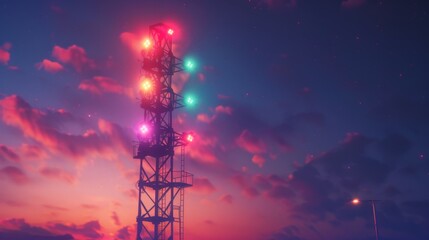 Fototapeta premium A tall signal tower with lights changing colors in a sequence, set against the evening sky.