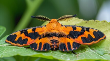 Vibrant Orange and Black Tiger Moth Resting on Green Leaf, Natural Exotic Insect Wildlife Photography, Nature Enthusiast Decor