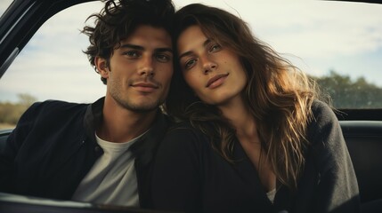 Happy Young Couple Relaxing in Car on a Sunny Day