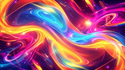 A vibrant 3D background with swirling patterns and bright, neon colors.