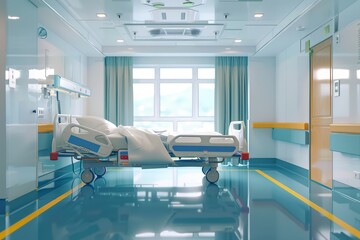 Fototapeta premium Modern hospital room with advanced medical equipment emphasizing professional healthcare services patient care and a clean organized clinical setting.